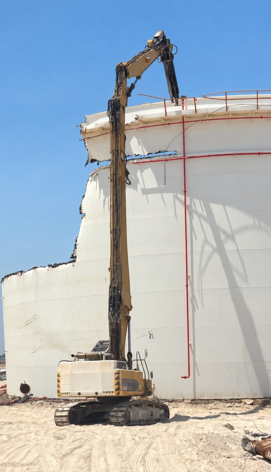 High-reach demolition excavator taking down a large white storage tank